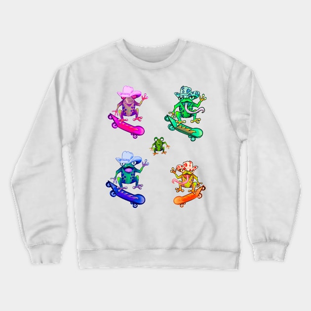 Frog 5 pack Kawaii Froggy Skateboarding Cute Frog pack of 5 in Texas cowboy hat Funny toad toads amphibian tadpole Green Red eyed tree frogs rain forest Lizard dragon zoology gift frog Crewneck Sweatshirt by Artonmytee